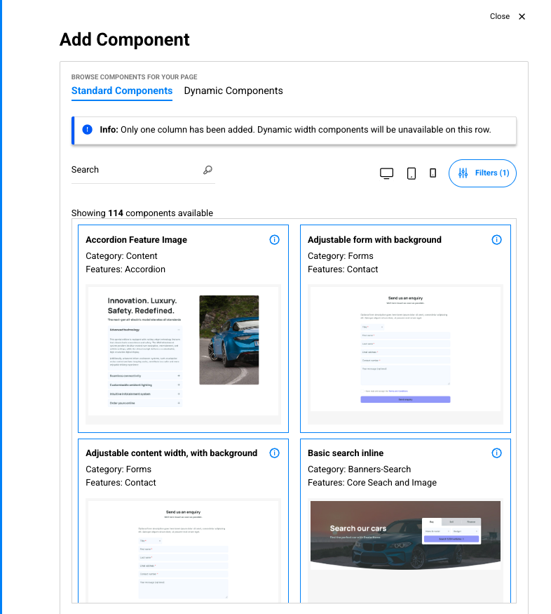 Apex CMS — add component browser showing 114 components