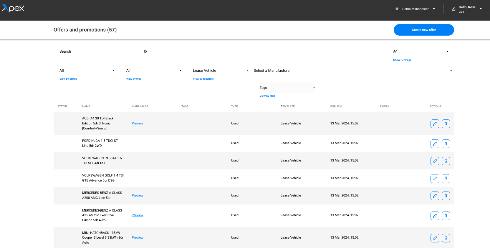 Apex CMS — offers and promotions management screen