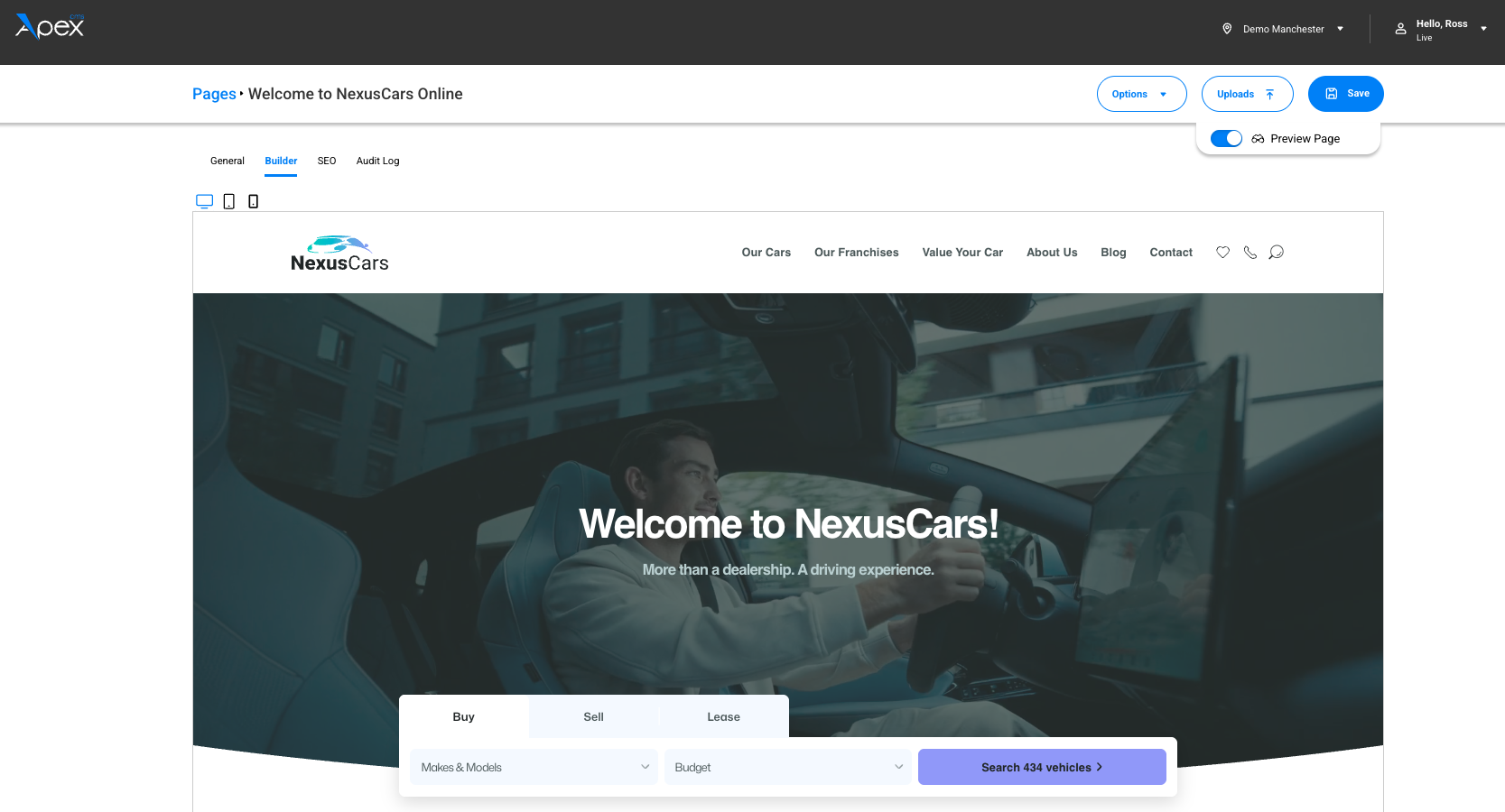 Apex CMS — live preview panel showing page changes before publishing