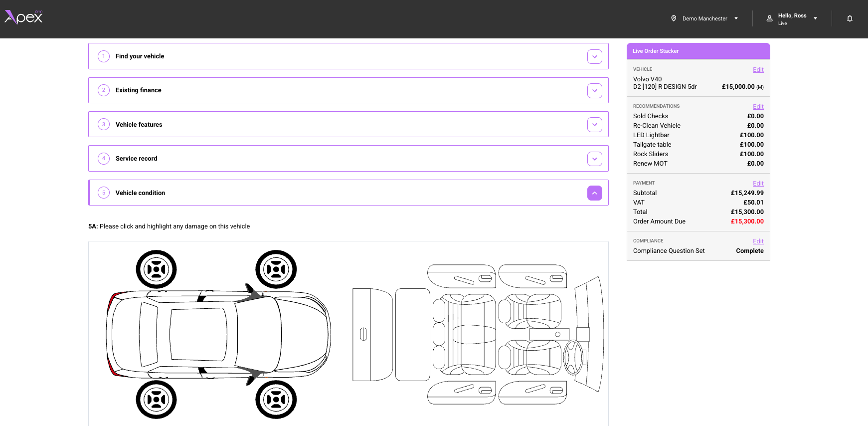 Apex CRM — part-exchange appraisal with vehicle damage marking