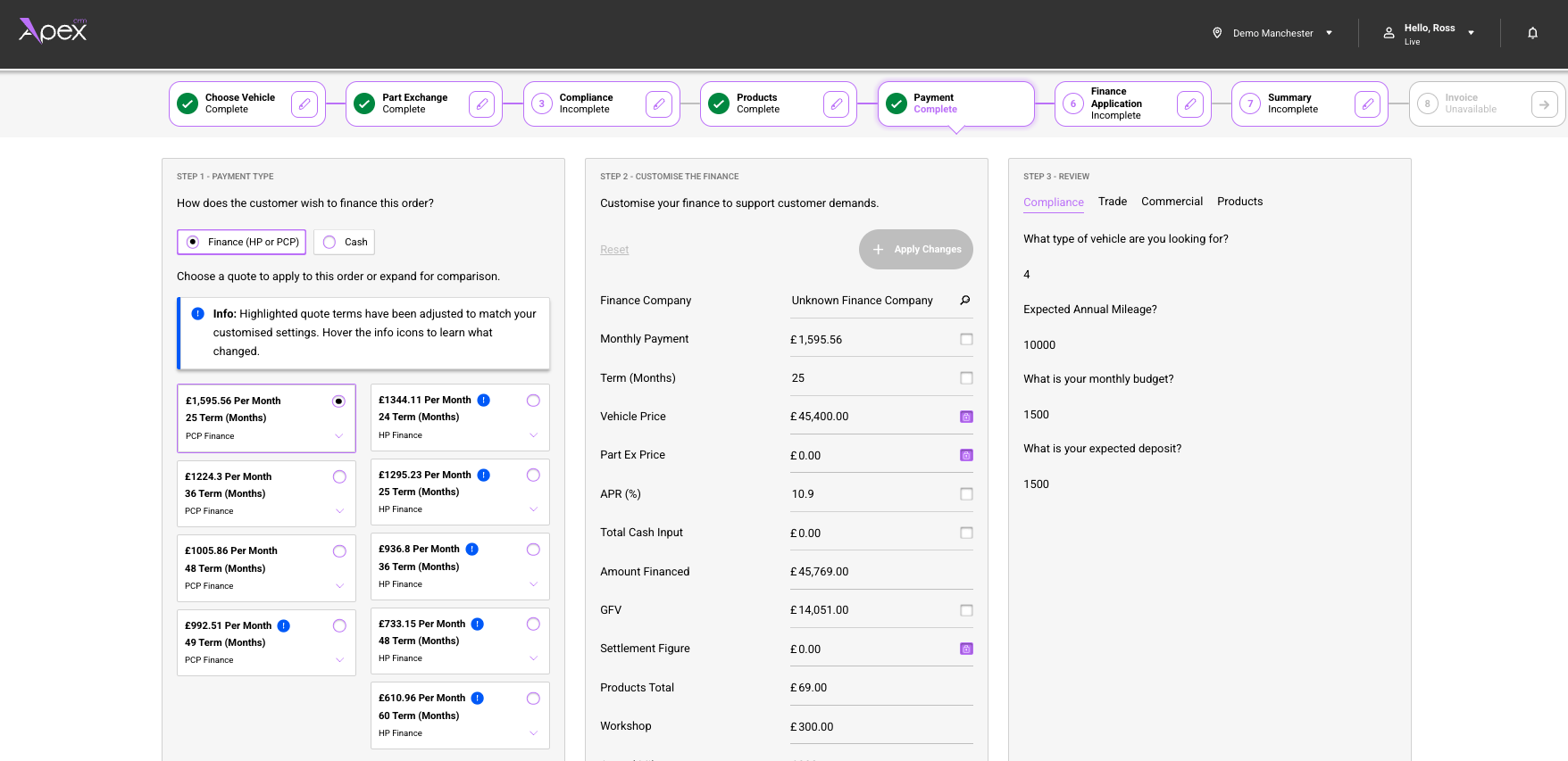 Apex CRM — deal stacker comparing finance terms side-by-side