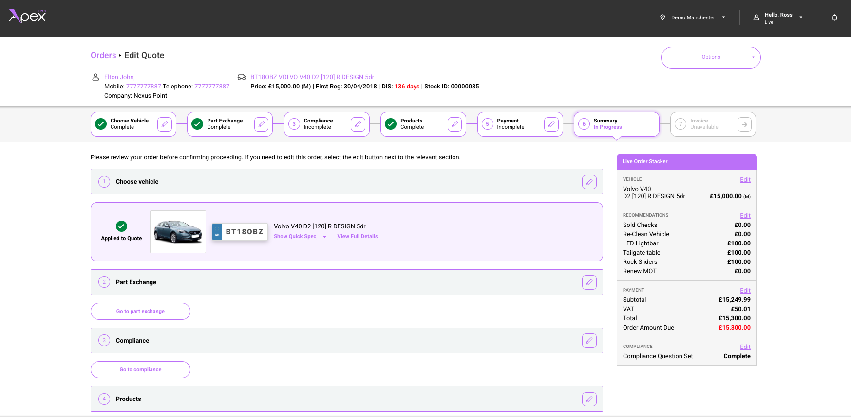 Apex CRM — order summary with live order stacker
