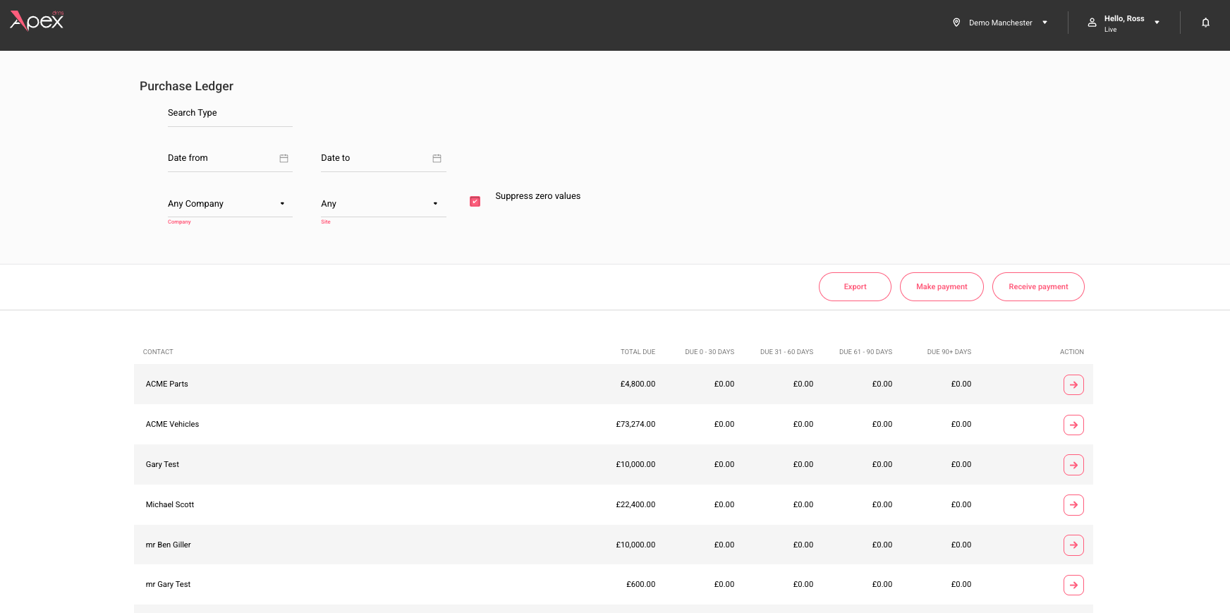 Apex DMS — full accountancy module showing purchase ledger