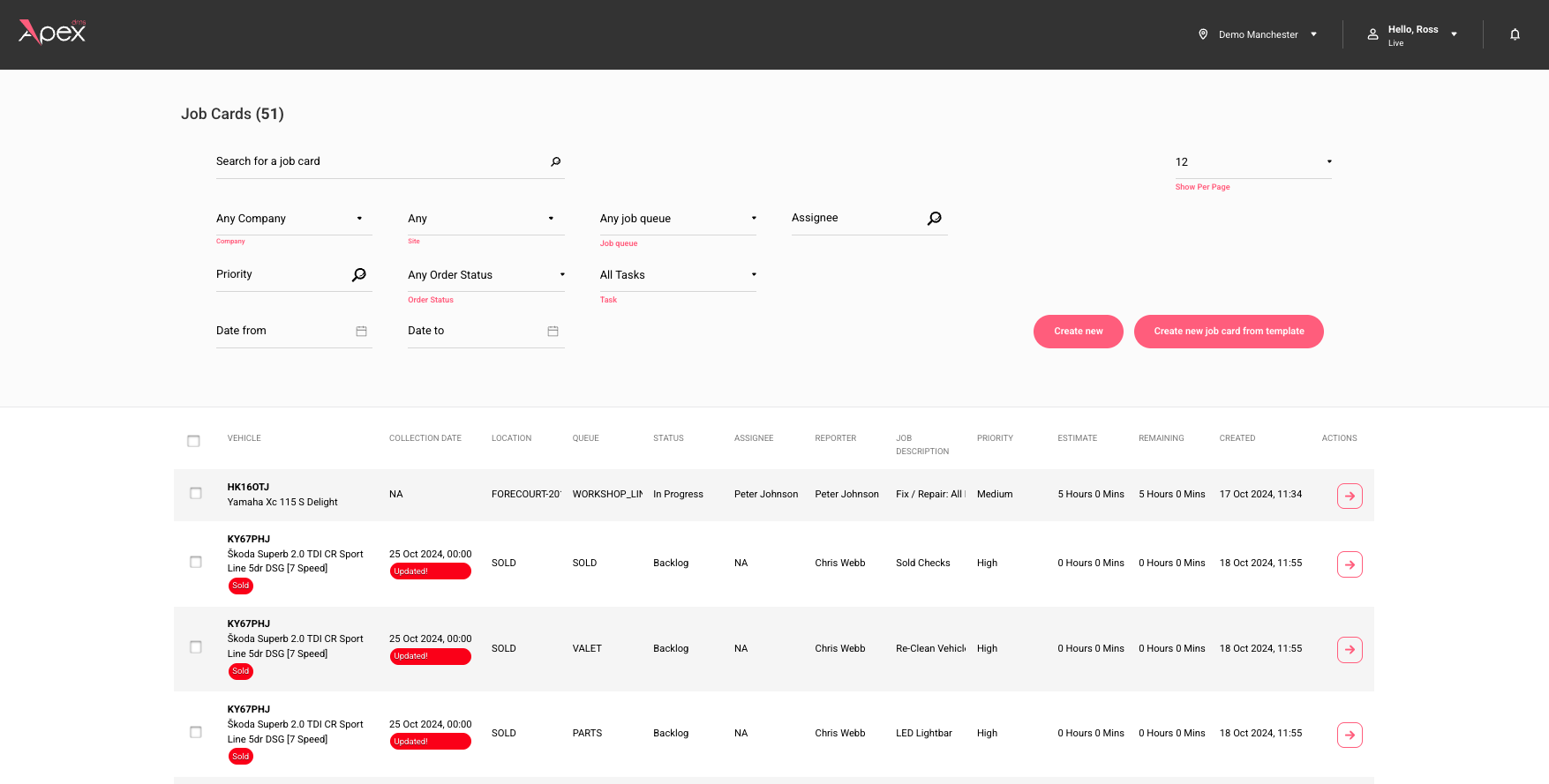 Apex DMS — workshop job cards queue