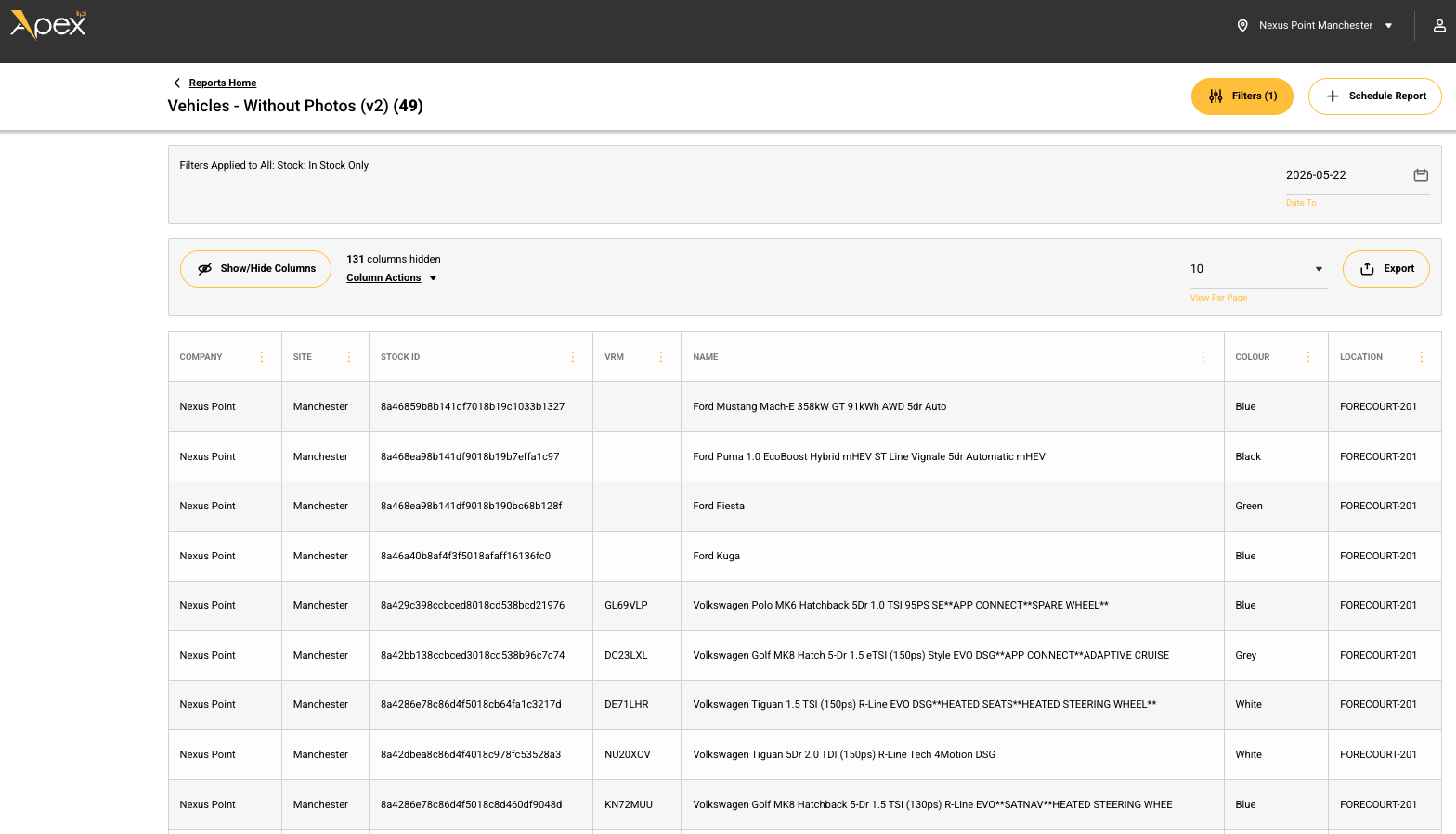 Apex KPI — detailed report with filters and column controls